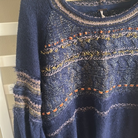 Free People Craft Time Bell Sleeve Sweater Navy Blue Striped Size Medium - Picture 4 of 13